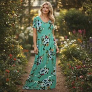 Longyuan Floral Maxi Dress Mint Green Teal Short Sleeve Pocket Gown XL